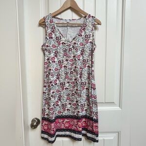 Floral Knit V Neck Sleeveless Summer Shift Dress. Size L